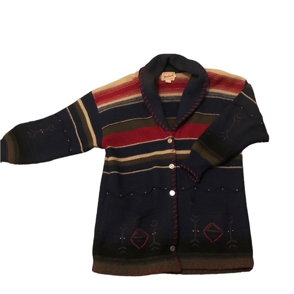 VTG Woolrich Outdoor Wear Blanket Coat L WOOL Southwest Navajo Print Pockets